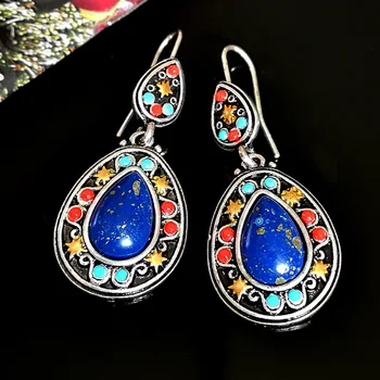 Vintage Barevné Přírodní Tyrkysů Lapis Lazuli Houpat Náušnice Starožitné Červený Kámen Drop Náušnice Boho Módní Šperky 2021