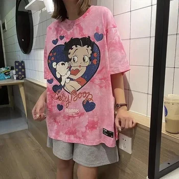 Vintage Betty Boop Anime Tisk Grafické T Košile, Streetwear Žen Top S Krátkým Rukávem Casual T Shirt Volné Harajuku Betty Tee Letní