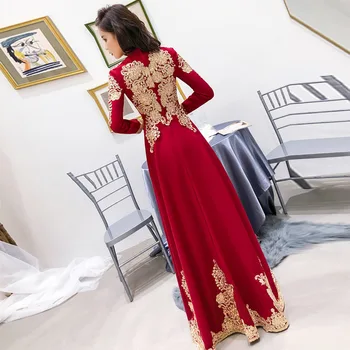 Vintage Červené Nevěsta Svatební Cheongsam Qipao Luxusní Výšivkou Elegantní Večerní Šaty Ženy Dlouhý Rukáv-line Lady Party Šaty