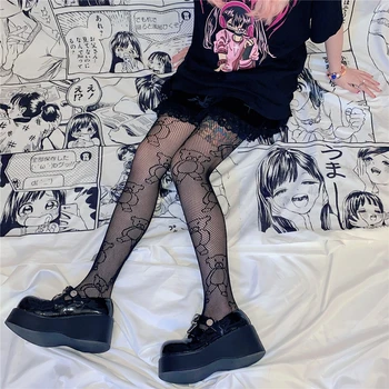 Y2K Punk Sexy Černé Anime Punčocháče KT Kočka Vzor Síťované Punčochy Iny Styl Harajuku Punčochové Nylon Lolita Punčocháče