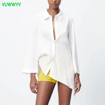 Za 2021 Bílá Košile Ženy Tlačítko Up Košile Letní Halenky Ženy Ležérní Dlouhý Rukáv Texturou Límečkem Košile Žena Asymetrickým Lem