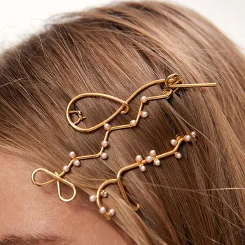 ZA Hairwear 3 Ks/Set Módní Ženy Zlaté Barvy Geometrické Kovové Pearl Sponky do vlasů Barrettes Pro Ženy, Dámy Prohlášení Šperky