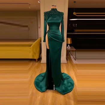 Zelené Večerní Šaty Mořská panna / Trubka Sweep/Kartáč Vysoký Límec 2021Party Šaty Lištování dlouhý rukáv Party Šaty