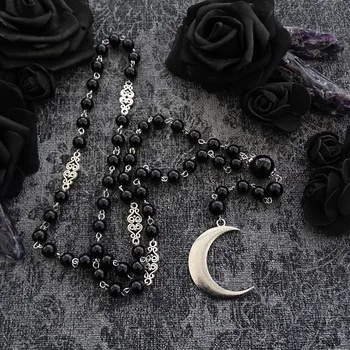 Černý Růženec s Pentagram a Měsíc Přívěsek na Starožitný Stříbrný, Gothic Náhrdelník, Půlměsíc, Černá Korálkový Náhrdelník