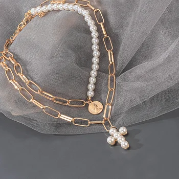 Řetěz Náhrdelník Perly Náhrdelník Pro Ženy 2021 Klíční Kosti Módní Šperky Strand Korálkový Řetěz Styl Pearl Kříž Přívěsek Náhrdelník