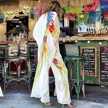 Šifon Bohémské Šaty Bikiny Cover-Up Kaftan Bílé Šaty Plus Velikost Plážové Oblečení Kimono Tisk Tunika Pro Beach Plavky Cover Up