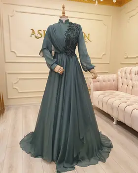 Šifon Korálkové Nášivky, Dlouhý Rukáv Muslimské Plesové Šaty Vysoká Krk Záhybů Saúdské arabské Evening Formální Party Šaty платье 2021