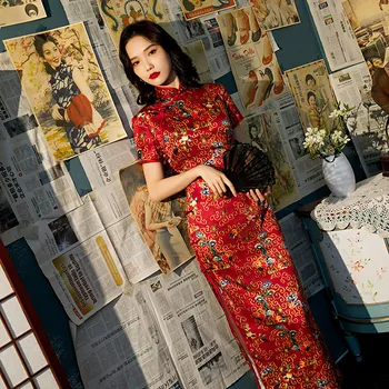 Ženy Elegantní Květinové Tisk Dlouhé Štíhlé Sexy Cheongsam Vysoké Split Čínské Tradiční Šaty Qipao Vestidos Plus Velikosti S-4XL