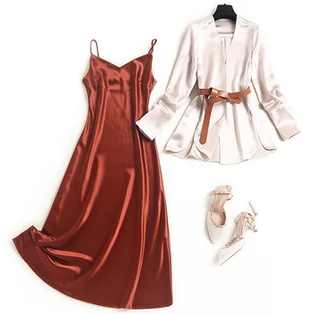 Ženy luxusní acetát saténové sako a šaty do úřadu dva kus oblečení jaro-léto 2021 designer elegantní sexy šaty, obleky