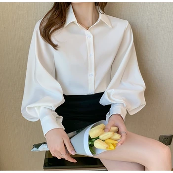 Ženy Solidní Košile Elegantní Korean Kancelářské Dámy Příležitostné Topy A Košile, Ženy Dlouhý Rukáv Halenky Letní