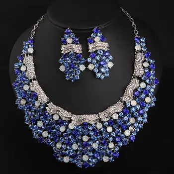 Ženy, Svatební Šperky Set Blue Gem Drahokamu Crystal Náušnice Prohlášení Bib Náhrdelník Svatební Party Dárek Módní Kostým Příslušenství