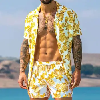 2021 Letní Módní Muži Havajské Tisk Oblek Krátký Rukáv Tlačítko Košile Beach Šortky Ležérní Streetwear trička Pánské Oblek 2 Ks M-3XL