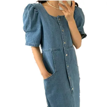 2021 letní vintage náměstí límec džínové šaty ženy puff rukáv-lone dresss