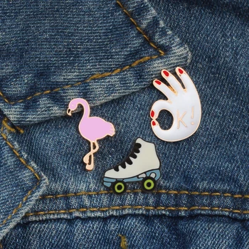 3ks Set Módní Karikatura Ikonu Skateshoes na tlačítko OK Ručně Flamingo Brože Kolíky Smalt Oblečení Klopě Pin Taška Tlačítko Odznak Ženy Šperky
