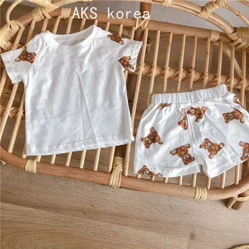 Batole Dětské Oblečení Set Dětské Letní Oblečení korejský Chlapec Dívka Krátký Rukáv t Košile Topy + Kalhoty 2ks Oblečení s Bear Tisk