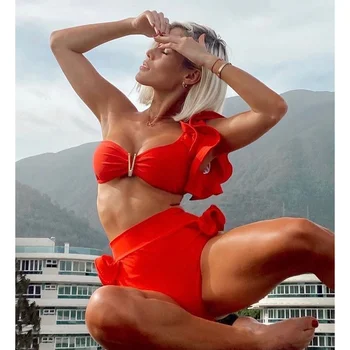 Dva Kusy Ženy Květinové 2021 Push-Up Polstrovaná Podprsenka Volánky Obvaz Bikini Set Plavky Plavky Plavky Biquini Plážového Oblečení