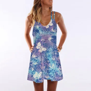 Dámské Šaty bez Rukávů Bohémské Letní Ležérní Butterfly Tištěné Party Cocktail Beach Šaty letní Šaty 2021 Nové Lady Šaty #T2G
