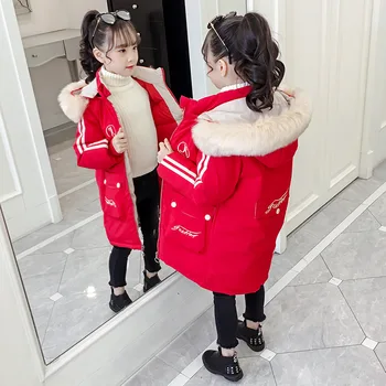 Dětská bunda pro dívky zimní dlouhý Kabát Barevné kožešiny límec teplé dolů bundu s kapucí Bavlna kabát děti oblečení dívky bunda