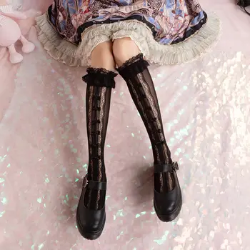 Japonský Lolita bílá krajka Lolita tele ponožky Dámské Mid tube punčochy jk krajky luk délka střední-tele ponožky značkové ponožky