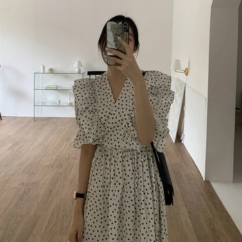 Korejský jednodílné Dámské Šaty Polka Dot Print Prohrábnout-Line Šaty 2021 Letní Nové V-Neck Puff Sleeve Šifónové Šaty Dlouhé Šaty