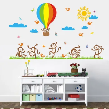 Kreslená opice horkovzdušný Balón Cloud Zeď Nálepky pro děti, dětské pokoje dekorace Nástěnné Umění Obtisky domova tapety samolepky