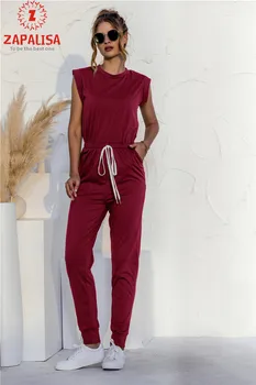 Módní Ženy Letní Jednobarevné Dlouhé Tužka Kalhoty Šňůrky Design Kapsy Dekor O-Neck Bez Rukávů Slim Streetwear Kombinézy