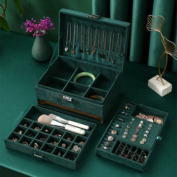Nový 3-vrstvy Zelené Stud Šperky Organizátor Velký Prsten Náhrdelník Make-up Držitel Případech Sametové Šperky Box se Zámkem pro Ženy
