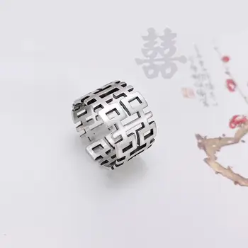 Originální design Čínská hi slovo otevřený kroužek retro literatury a umění duté plavidlo, elegantní a svěží kouzlo dámské stříbrné šperky