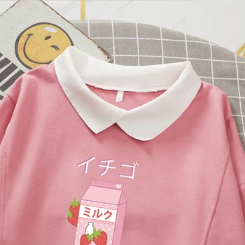 Roztomilé Růžové Kreslený Pít Tričko Turn-down Límec Japonské Nadrozměrných Dlouhý Rukáv Mikina Kawaii Kapsy Ženy Mikiny
