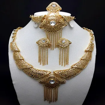 Ruční Ušlechtilé Zlato-barevné Šperky Sady Módní Velké Nigerijské Svatební Africké Korálky Šperky Sady Kostým Vznešená pro Ženy