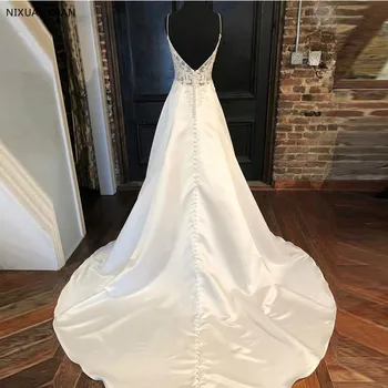 2021 Elegantní Svatební Šaty A-line Nášivky Špagety Popruhy Vestido De Noiva Iluze Živůtek s hlubokým Výstřihem Bílá Svatební Šaty