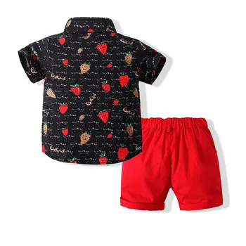 2021 Letní dětské Oblečení Chlapci Gentleman s motýlkem Set Jahodové Tričko Červené Šortky Dva Dílná Sada