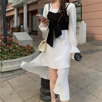 2021 Letní Šaty Ženy Elegantní Vintage Sexy Náměstí Límec Dlouhý Rukáv Šaty Korejský Design Office Lady Neformální Jednoho Kusu Šaty