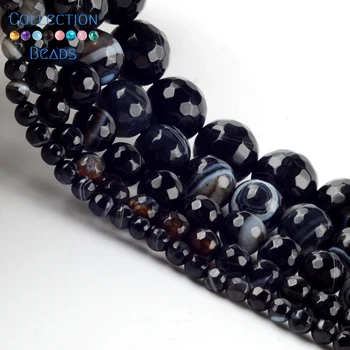4-12mm Přírodní Kámen Tváří Černý Proužek Acháty Kolo Distanční Volné Korálky Pro Výrobu Šperků DIY Náramek Příslušenství 15