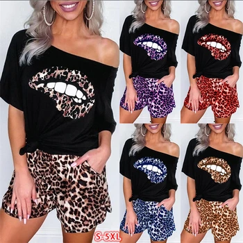 5XL Plus Velikosti Tepláky, Ženy Dva Dílná Sada Letní Oblečení Ret T-shirt Top a Leopard Šortky Obleky, Ležérní Dámské Sady Oblečení