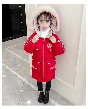 Dětská bunda pro dívky zimní dlouhý Kabát Barevné kožešiny límec teplé dolů bundu s kapucí Bavlna kabát děti oblečení dívky bunda