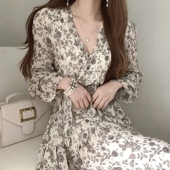 Korejský Elegantní Dlouhý Rukáv Dámské Šaty 2021 Letních Nové Elegantní Sladký V-Neck Květinové Šifon Tenký Oddíl Lady Midi Šaty Vestidos