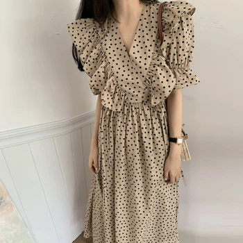 Korejský jednodílné Dámské Šaty Polka Dot Print Prohrábnout-Line Šaty 2021 Letní Nové V-Neck Puff Sleeve Šifónové Šaty Dlouhé Šaty
