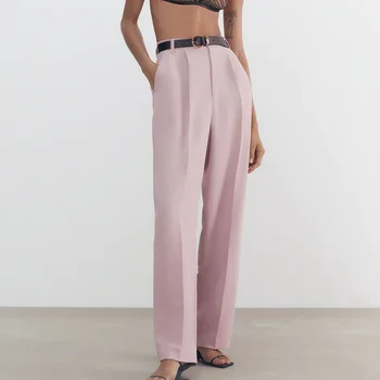 MXTIN 2021 Ženy Vintage Růžové Plisované Kalhoty Módní Zip Fly Boční Kapsy Office Lady Nosit Ženské Kotník Kalhoty Pantalones