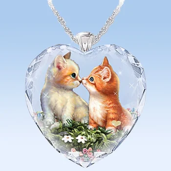 Módní Krásná Kočka Vzor Náhrdelník Ve Tvaru Srdce Crystal Přívěskem Šperky