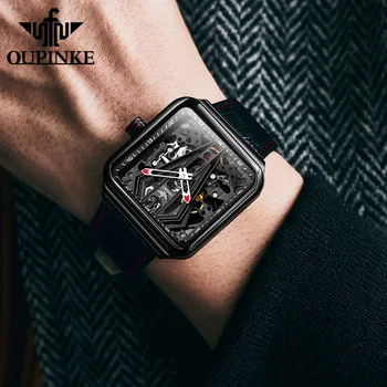OUPINKE Duté Náměstí pánská Business Hodinky Top Značky Luxusní Automatické Mechanické Muži Hodinky Černý Vodotěsné Muž Náramkové hodinky