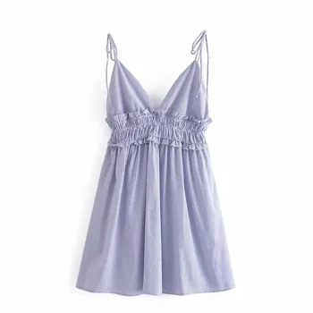 PSEEWE Za Modré Pruhované Šaty Žena Slip Mini Letní Šaty 2021 Prohrábnout s hlubokým Výstřihem Sexy Šaty, Ženy Ruched Luk letní Šaty Popruhy
