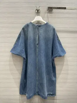 Streetwear Džínové Šaty pro Ženy Letní Nového Roku 2021 High-end Značky Gradient Modré Krátký Rukáv Jean Šaty O-neck Straight Jean Šaty