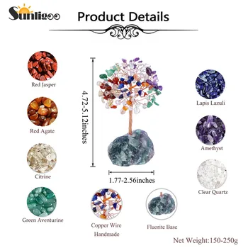 Sunligoo Crystal Peníze Strom Měděný Drát Zabalené Přírodní Fluorit Clusteru Základní Čakry Růženín Stromy Feng Shui Strom Domova