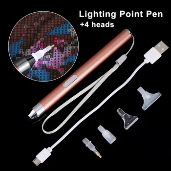 USB Dobíjecí Osvětlení Bod Vrtačka Pero S 4 Hlavy 5D Diamond Malování Vyšívání Příslušenství, DIY Nástroje