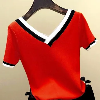 V Létě Ženy Halenka 2021 V-Neck Kontrastní Barevný Pruhovaný Top Topy Oblečení Pletené Krátký Rukáv Tričko Femme Camisetas Mujer 13362