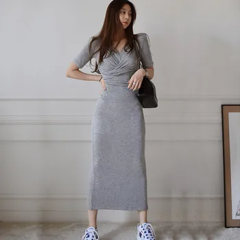 WOMENGAGA 2020 Letní Top Nový korejský Temperament Ležérní Slim Dlouhý V-neck Skládaný Krátký Rukáv T Shrit Maxi šaty Šaty HWTJ