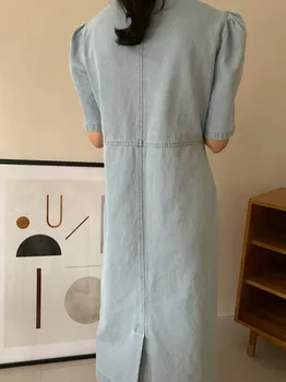 2021 letní vintage náměstí límec džínové šaty ženy puff rukáv-lone dresss