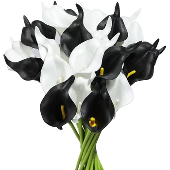 20ks Calla Lilie svatební Svatební Kytice PU Umělé Květiny Uspořádání pro Domácí Kancelář Party Dekor(Černá a Bílá)