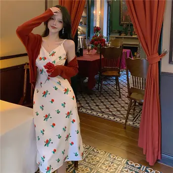 Francouzský Tisk Šifónové šaty dámské 2021 nové V-neck otevřené zadní podvazkové sukně sexy sladké-line šaty módní party šaty